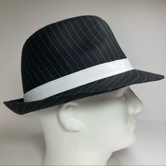 Black Pinstripe Fedora White Fabric Band Unisex - Picture 1 of 16